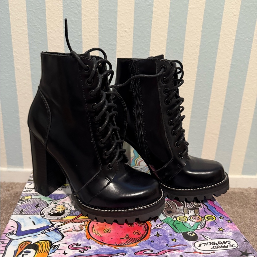 Jeffrey Campbell Women's Black Legion High Block Heel Combat Boots